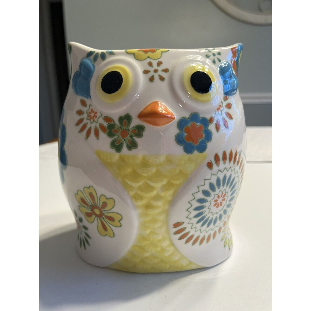 Pier 1 Imports Hand Painted Stoneware Owl Kitchen Utensils Holder Vase